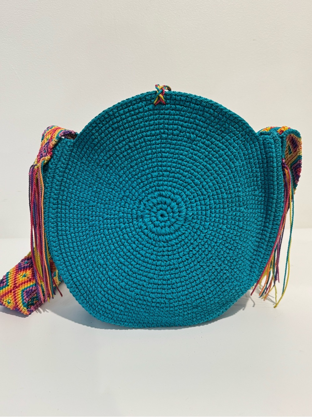 Handmade Rare Wayuu Colombian Mochila bag teal and multi color round - Picture 2 of 11